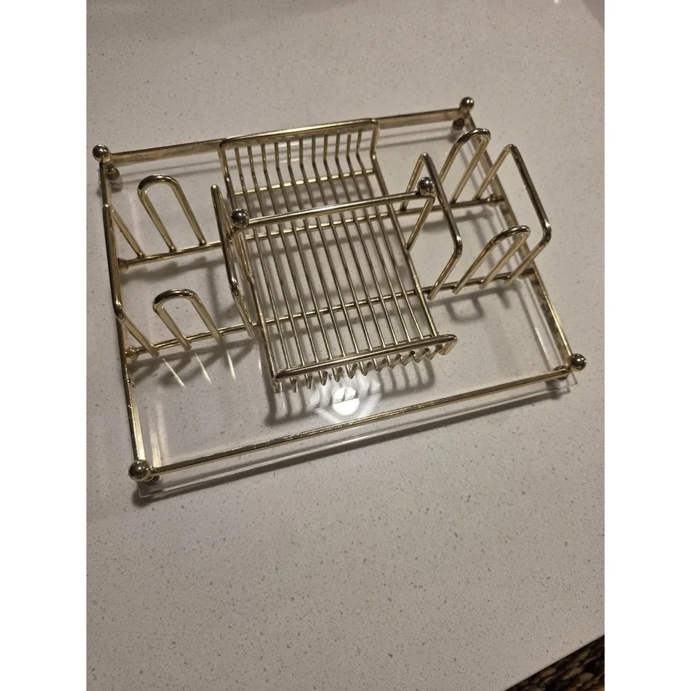 Vintage‎ MCM Gold Tone Metal & Lucite MAKE-UP Silverware Buffett Caddy Tray